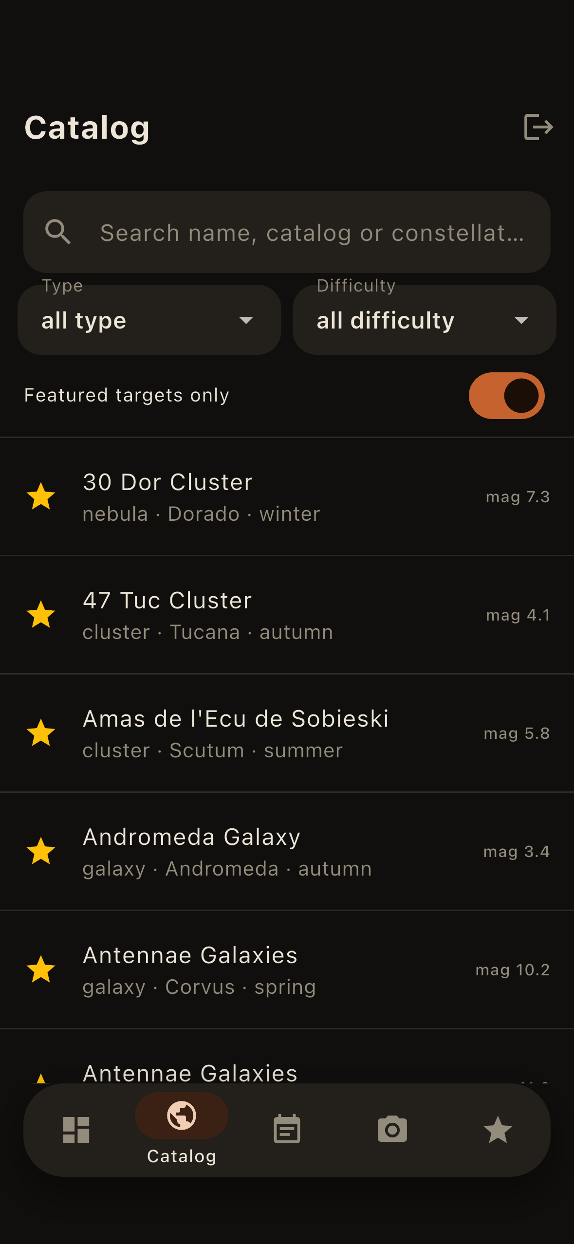 The catalog — deep-sky objects, filtered by type, difficulty and season.