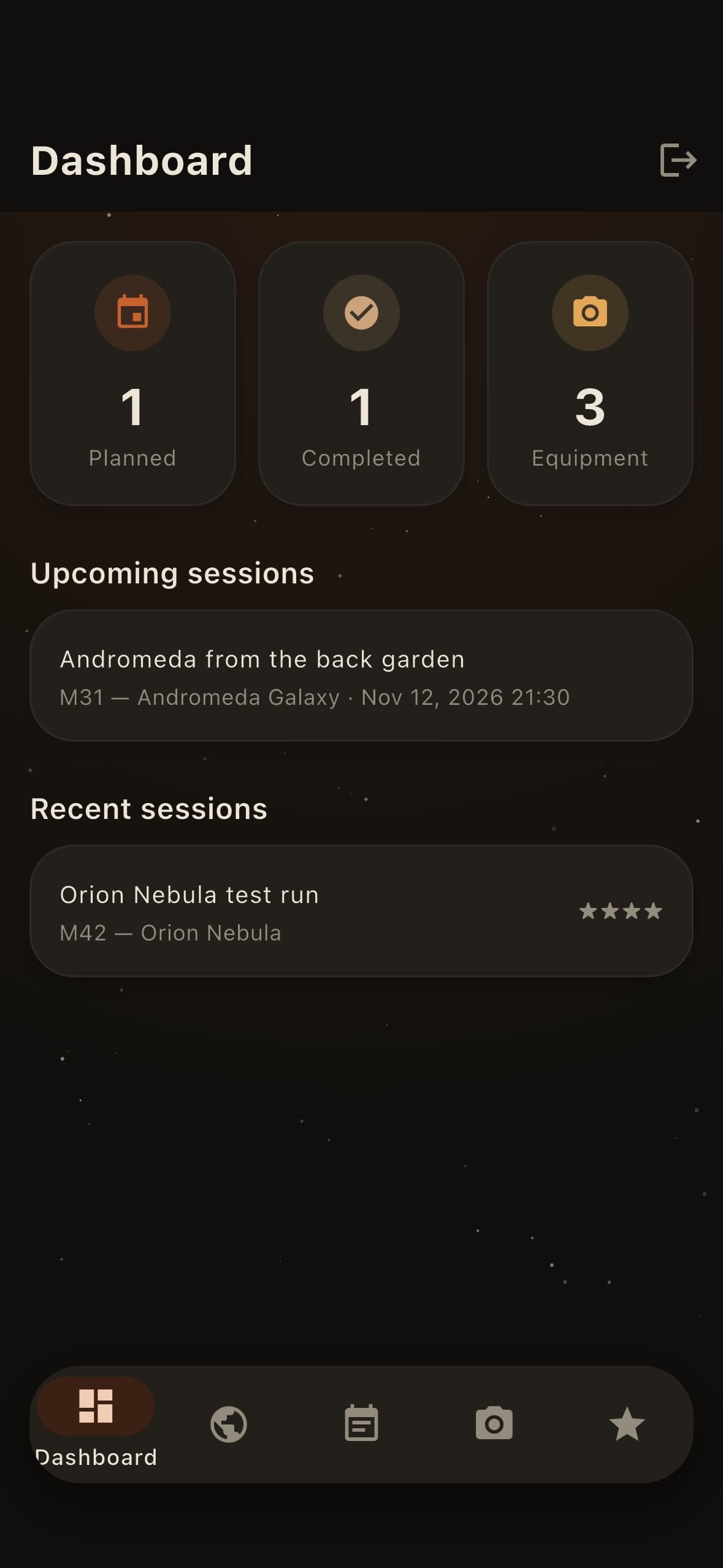 The dashboard — tonight at a glance, with upcoming and recent sessions.
